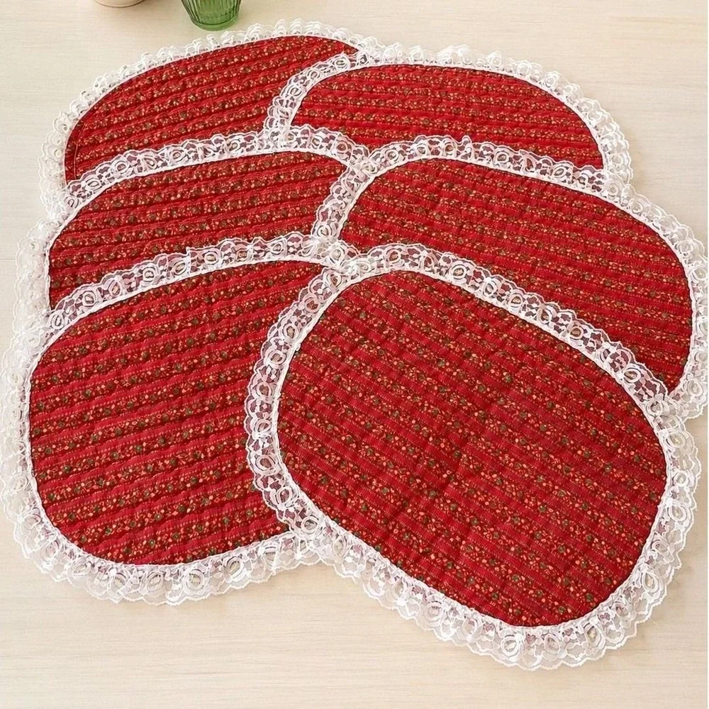 Handmade Quilted Christmas Placemats Set 6 Cottagecore GrandmaCore Red 16x13